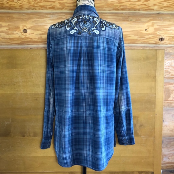 Free People Stevie's Embellished Plaid Shirt Tunic in blue size M - Picture 5 of 11